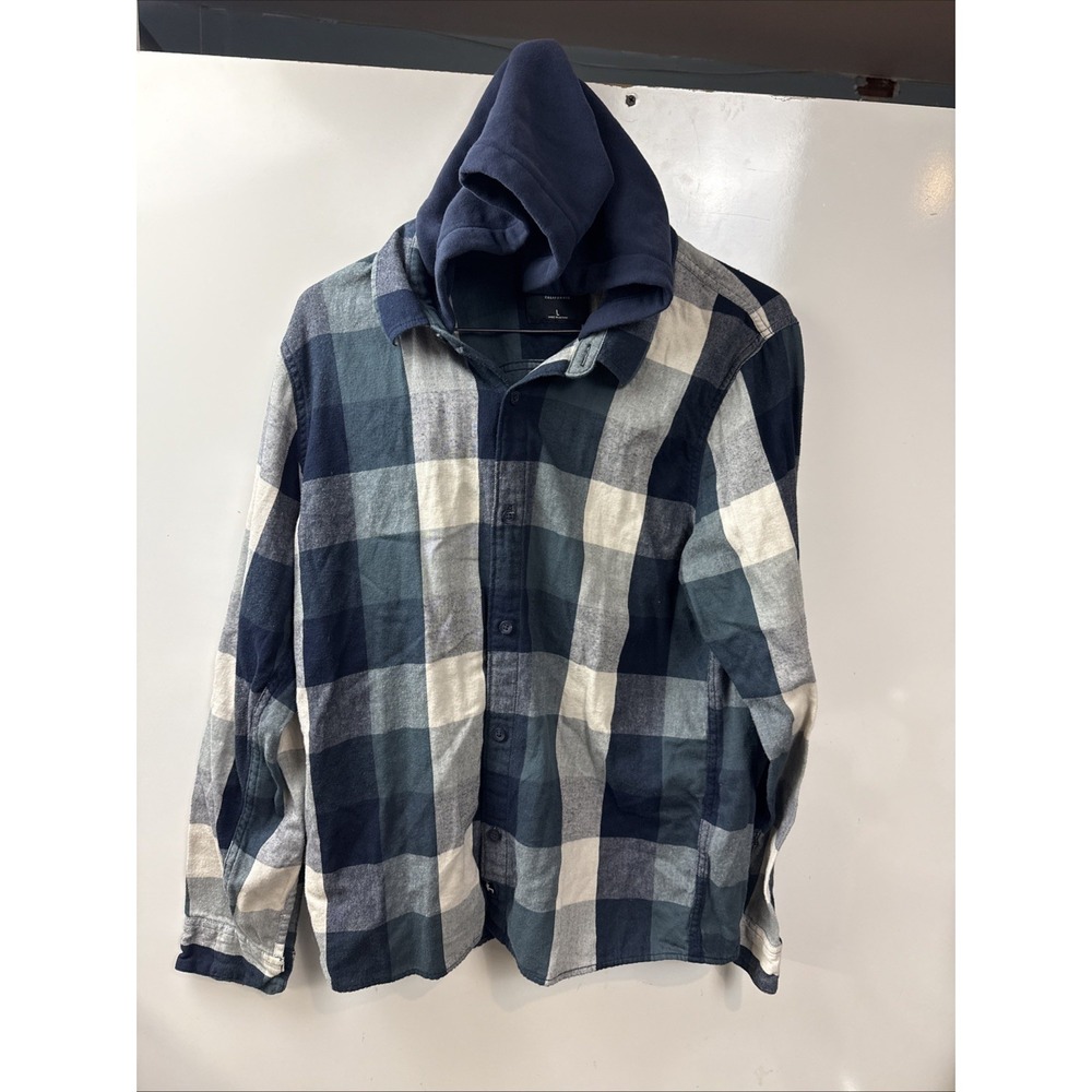 Hollister Hooded Flannel Plaid Button Up Shirt Blue Large 100% Cotton